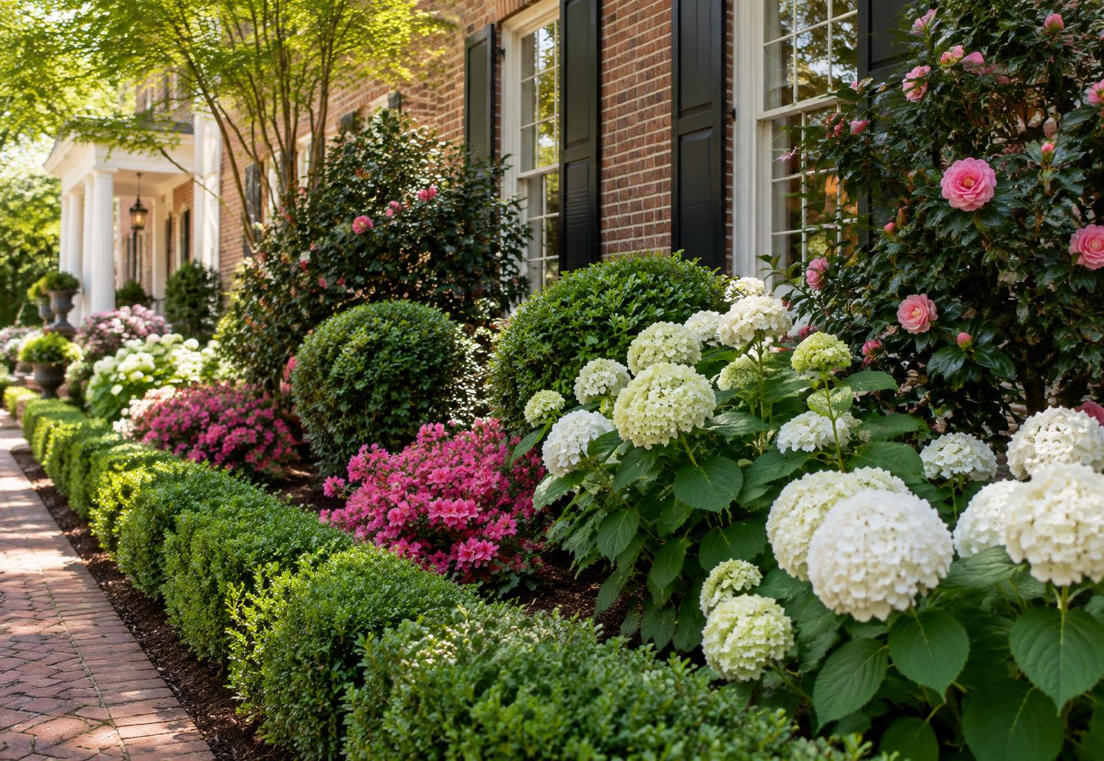 Layered garden border with hydrangeas and azaleas beside a brick home
