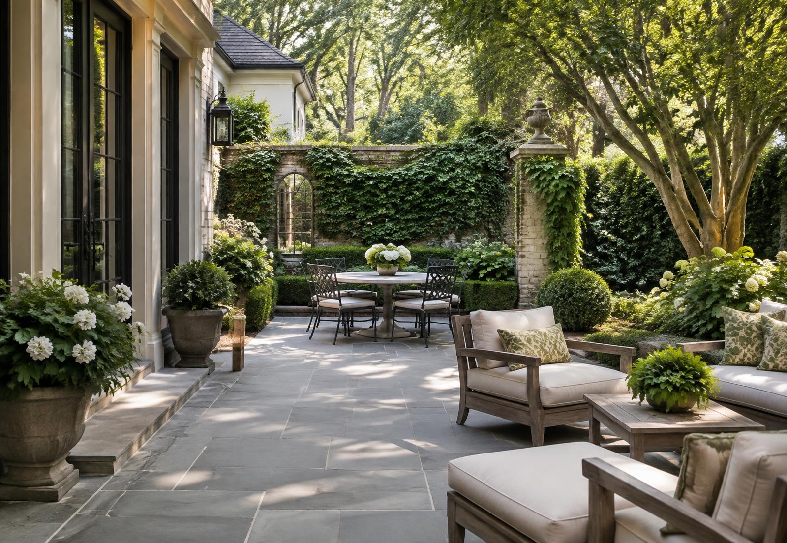 Bluestone patio and brick garden wall in a private southern garden