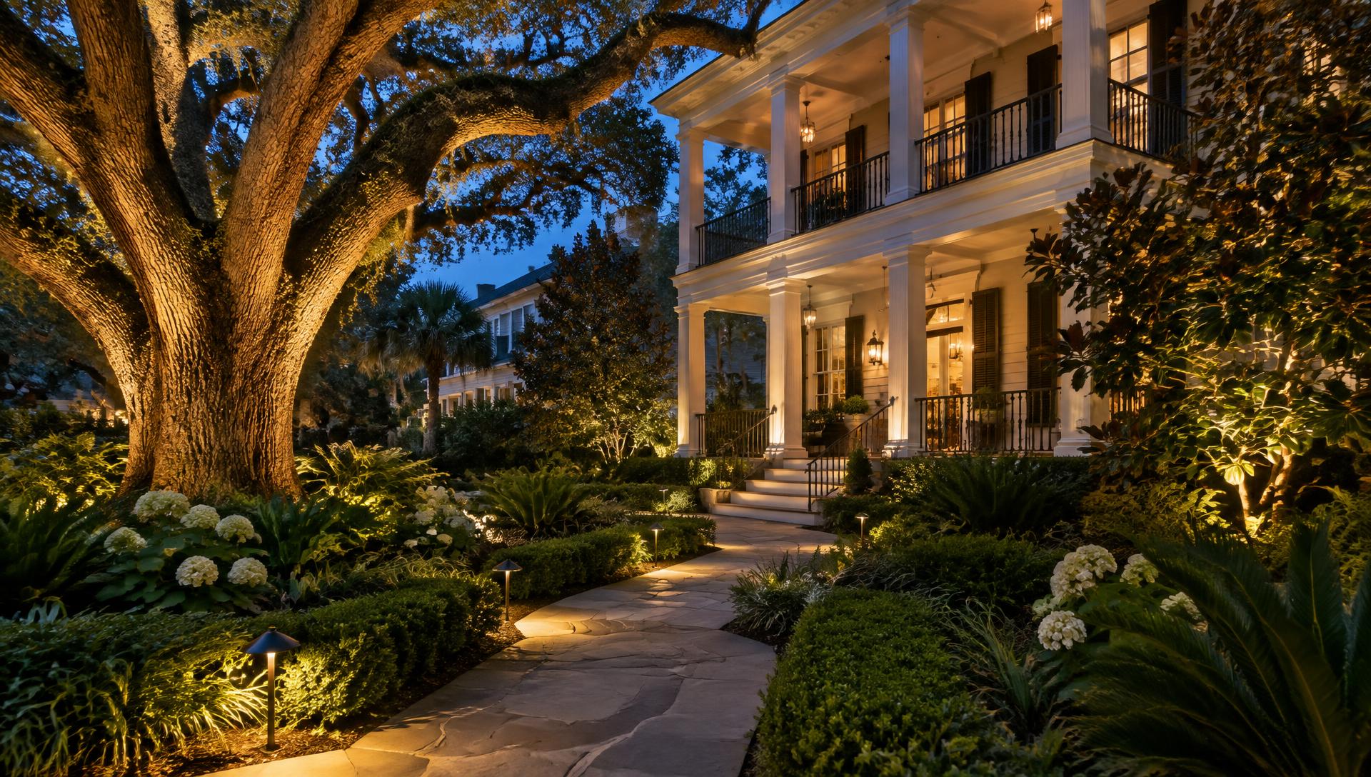Live oak and garden path illuminated by warm landscape lighting at dusk