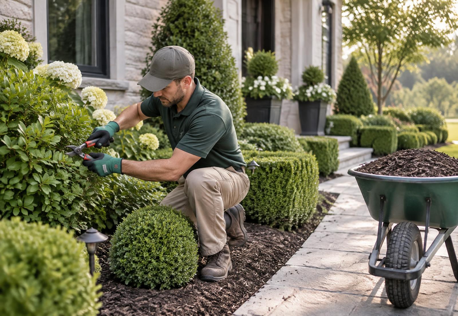 Gardener hand-pruning boxwood in an immaculate residential border