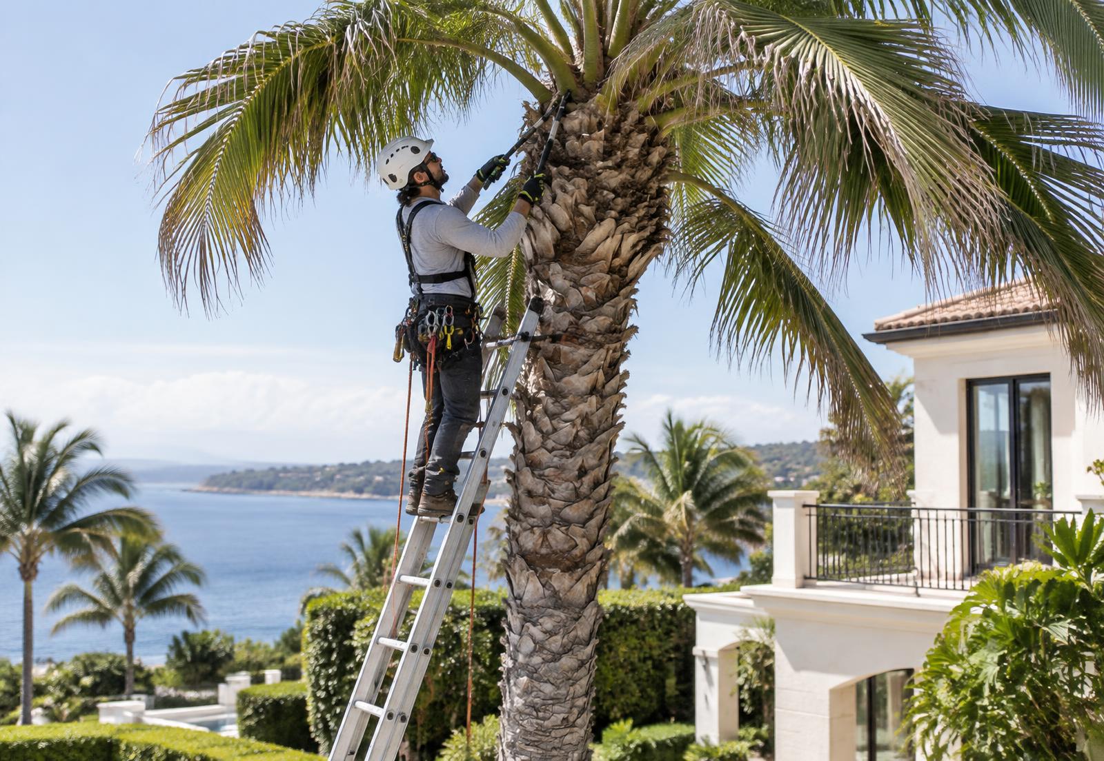 Arborist trimming a tall palm tree at a coastal home