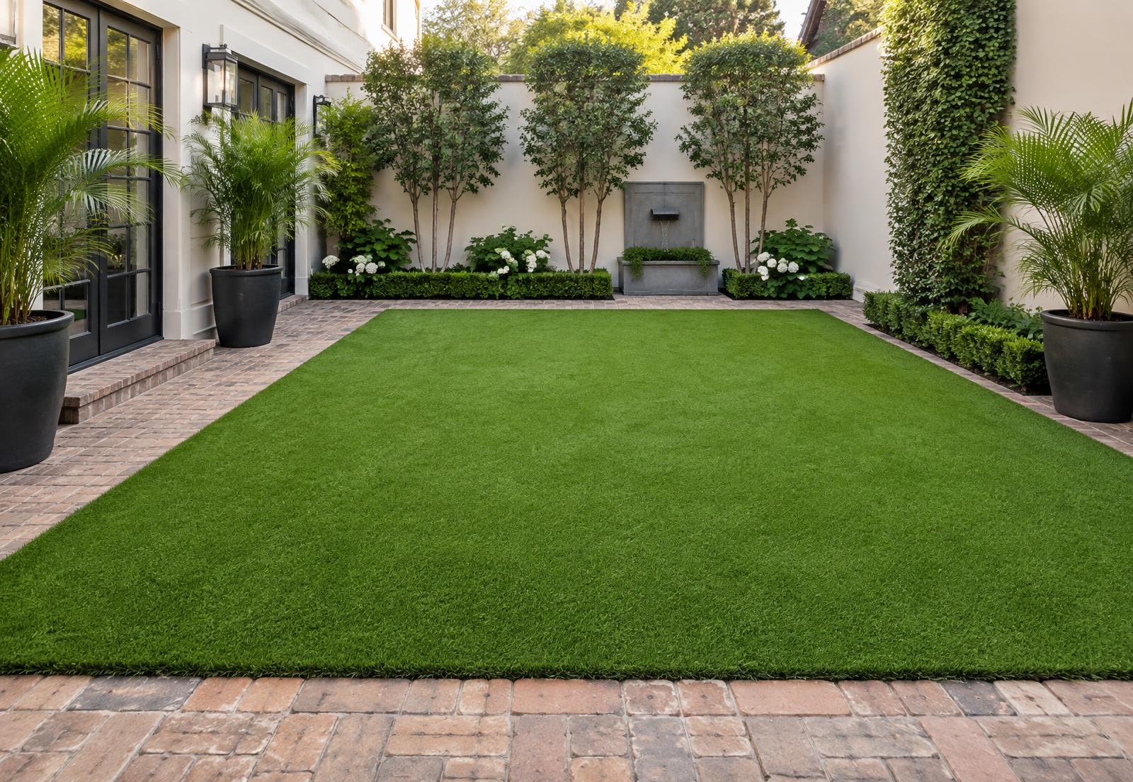 Perfect artificial turf lawn in a walled courtyard